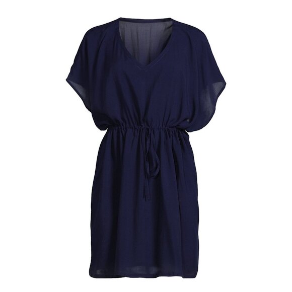 Lands End Women's M-L Deep Sea Navy Sheer Short Sleeve Gathered Waist Swim Dress - Picture 1 of 10